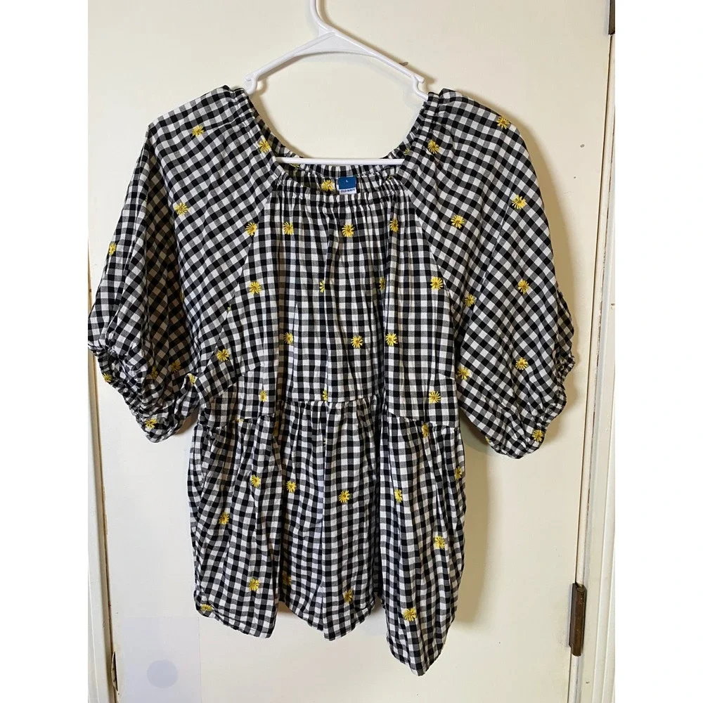 Old Navy Womens Gingham Daisy Embroidered Babydoll Blouse Black White Large